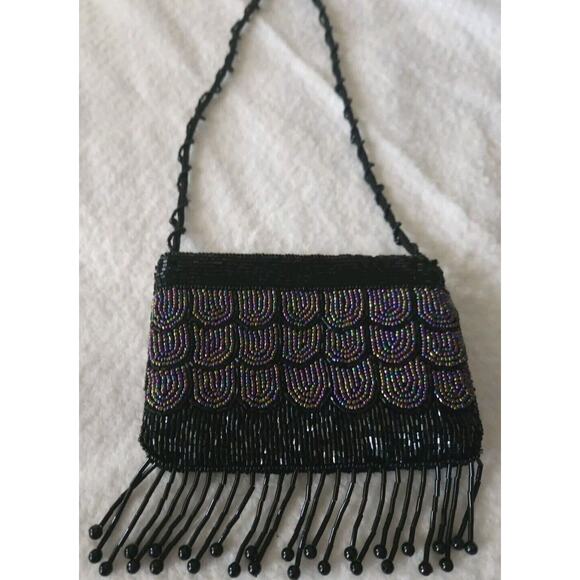 LADY JADE BLACK/RAINBOW IRRIDESCENT BEADED SMALL VINTAGE CROSSBODY PURSE BAG - Picture 1 of 9